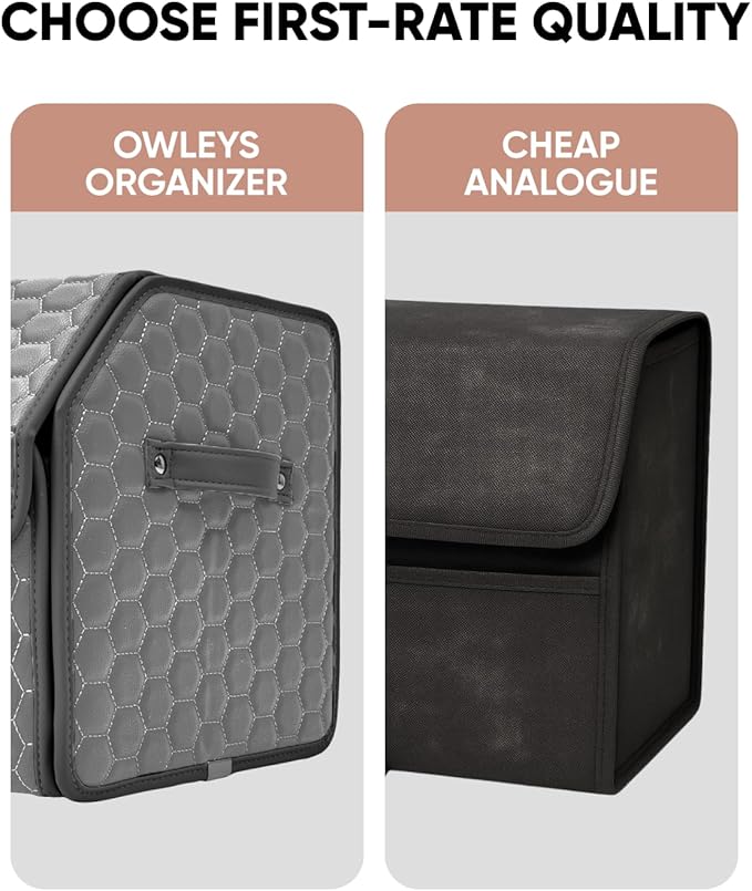 Owleys Foldable Trunk Organizer for Car - Collapsible Auto Trunk Organizer with Lid - Small and Large Cargo Organizer - Trunk Storage Box with 2 Compartments - Gray 17