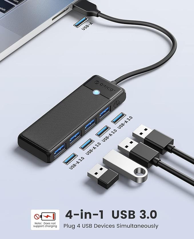 ORICO USB 3.0 Hub, 4-Port USB Hub with 0.5Ft Cable, Ultra Slim USB-Splitter for Laptop MacBook Pro, iMac, Surface Pro, XPS, PS5，PC, Flash Drive, Mobile HDD