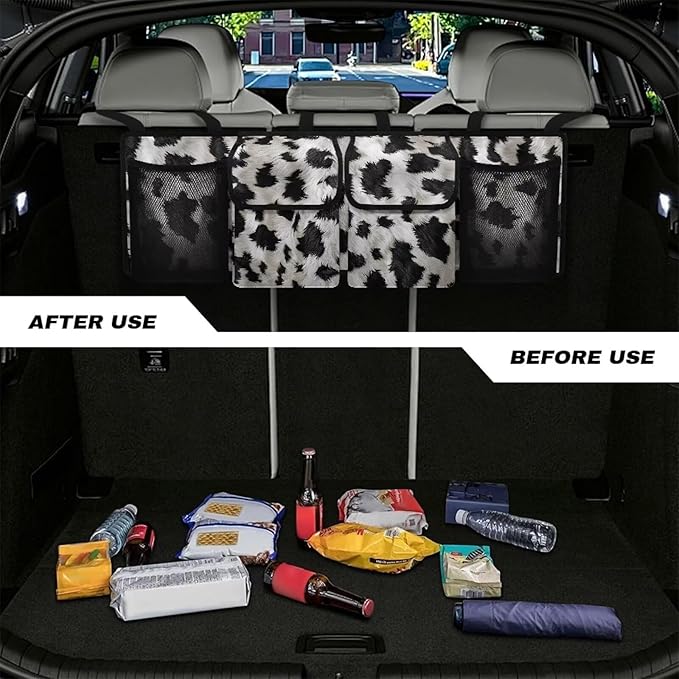 Cow Pattern Print Car Trunk Organizer, Hanging Car Back Seat Storage Bag with 4 Pockets Universal Detachable Car Interior Accessories for Sedans SUVs Truck
