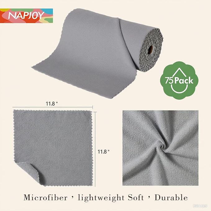Napjoy Microfiber Cleaning Cloth Roll, 75PK Easy Tear Away Reusable Paper Towels, 12" x 12", Lint-Free and Scratch-Free with Patented Fiber Technology Microfiber Towel Roll, Grey