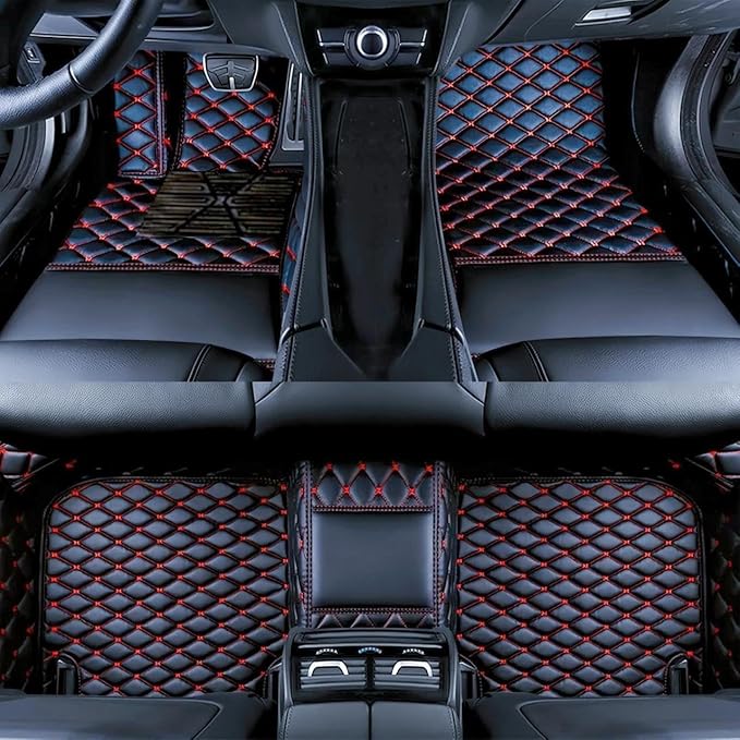 Yaruicar Custom Personalized Floor Mats for Cars Luxury Full Coverage All Car Floor Mats Anti-Slip Leather Car Mat Set Trucks & SUVs Trucks Automotive Floor Mats Liners (Black Red)