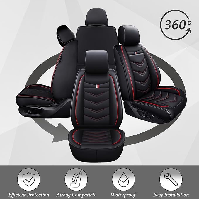 Car Seat Cover for Ford Explorer 2000-2025, Waterproof Durable Compatible Airbag, Premium Leather Seat Protector(2 Seats Luxury,Black Red)