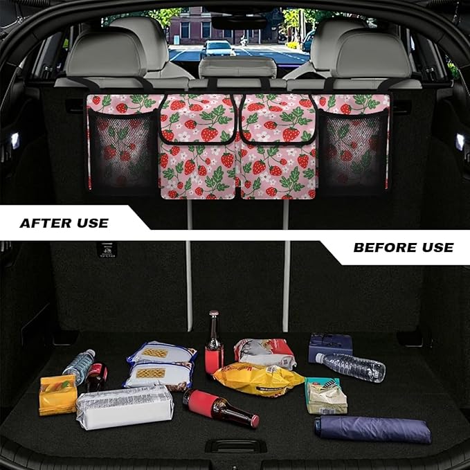 Car Trunk Organizer Pink Strawberry Back Seat Car Organizer Equipped with Robust Elastic Net, Hanging Car Storage Organizer with Lids, Space Saving Expert