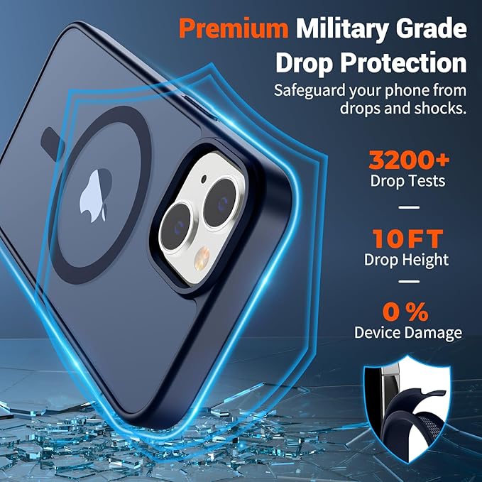 SUPFINE Magnetic for iPhone 14 Case & iPhone 13 Case with Screen Protector (Compatible with MagSafe)(Military Grade Drop Protection) Translucent Matte Shockproof Phone Cover,Dark Blue