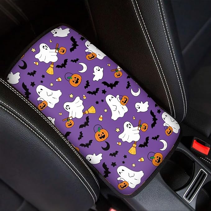 Ghost Bat Pumpkins Console Center Armrest Lid Cover Protector Car Armrest Storage Box Mat Interior Accessories for Most Vehicle, SUV