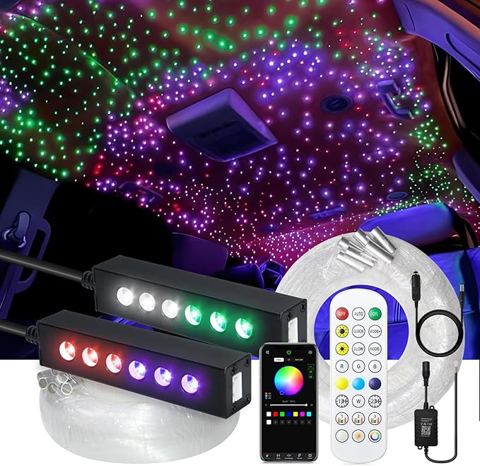 WEBUPAR 2PCS 3.2W 6LEDs Meteor Starlight Headliner Kit, 720pcs 0.01in 6.56ft, RGBW Shooting Stars Fiber Optic Lights with Bluetooth APP Control for Car/Home Theater