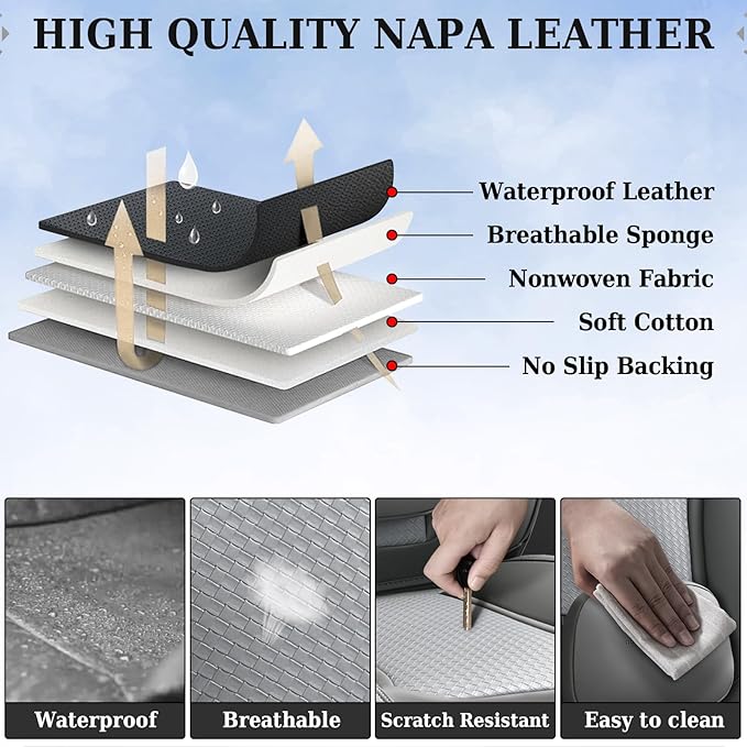 Coverado Seat Covers, Car Seat Covers Front Seats, Waterproof Nappa Leather Auto Seat Cover with Lumbar Head Pillow, Gray Seat Covers Carseat Cover Universal Fit for Most Cars