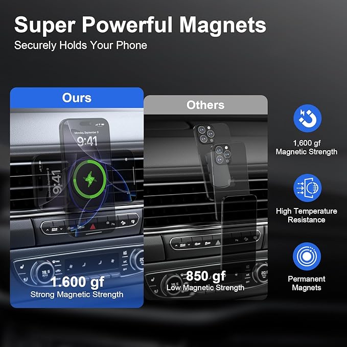 15W Magnetic Car Mount Wireless Charger for Samsung Galaxy S26 Ultra S25FE Z Fold7/Flip7 S24 S23Plus S22 S21 iPhone 17e 17 Pro Max 16e 16Plus 15,MagSafe Wireless Charger Air Vent Auto Car Phone Holder