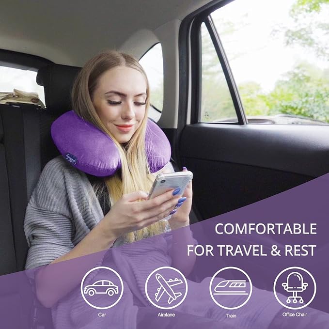 Neck Pillow for Travel Memory Foam - Airplane Pillows for Sleeping with Attachable Snap Strap Soft Washable Cover, Flight Pillow for Traveling, Car, Home, Provide Head Neck Support Rest Purple