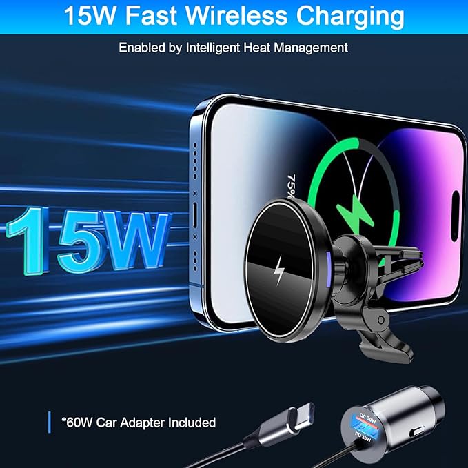 Magnetic Wireless Car Charger Mount,Compatible with MagSafe Car Charger,15W Fast Charging Air Vent Car Phone Holder for iPhone 16 15 14 13 Pro Max Plus MagSafe,Car Accessories(with 60W Car Adapter)