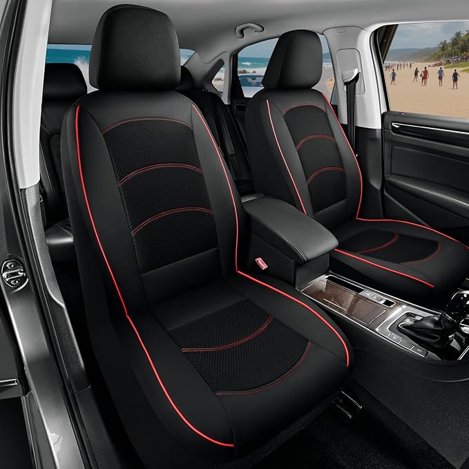Road Comforts Car Seat Covers, Leather Front Seat Covers with Piping, Air-Cool Mesh Designed, Airbag Compatible Automotive Seat Covers for Most Car, Truck, Van, SUV - Black with Red Piping