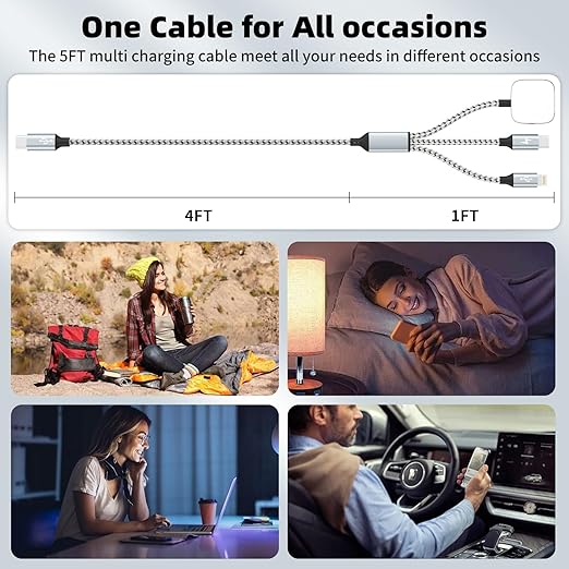 Travel Essentials 3in1 USB C Multi Charging Cable for iPhone Watch Charger,USB C to Type C/IP/iWatch Charger, Charging Cords for Multiple Devices Compatible with iWatch Series&iPhone 16-12 5FT