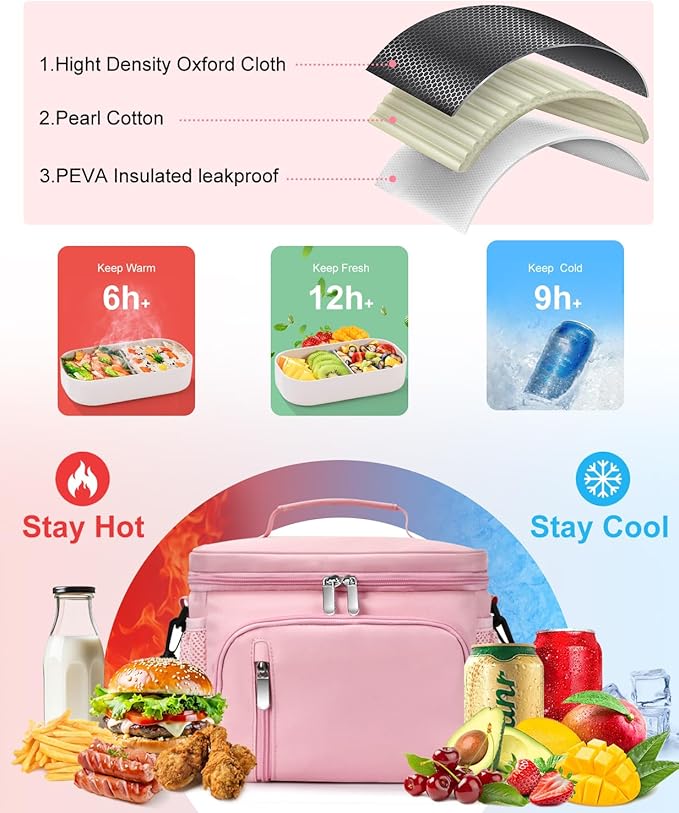 Insulated Lunch Bag for Men & Women, 9L Leakproof Lunch Box Soft Cooler Tote with 5 Pockets, 600D Oxford, EVA Lining, Adjustable Strap for Work, Picnic, Beach&Travel-Pink