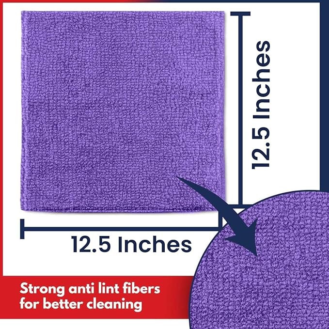 USANOOKS Microfiber Cleaning Cloth - Purple - 12Pcs (12.5x12.5 inch) High Performance - 1200 Washes, Ultra Absorbent Car Towel Traps Grime & Liquid for Streak-Free Mirror Shine - Car Washing Cloth