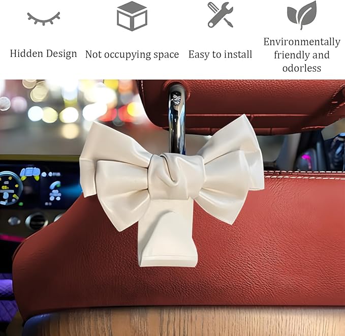 Car Headrest Hooks, 2PCS Cute Bow Vehicle Back Seat Hanger for Purses Bags, Automotive Interior Backseat Storage Hanging Organizer Decor Accessories, Universal for SUV, Sedan, Truck (White)
