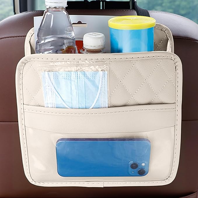 Car Back Seat Organizer, Waterproof PU Leather Car Seat Back Hanging Bag, Multifunctional Car Storage Bag Vehicles Interior Accessories for Adults, Universal for Most Cars (Beige)