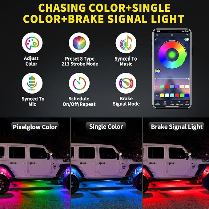 8 Pods Full Angle RGB Rock Lights Compatible with 12V Trucks Jeep UTV SUV ATV Boat Golf Cart, Waterproof, Multi-Color,Brake Light, App/Remote Control Led Rock Lights with Music Mode(Patented)