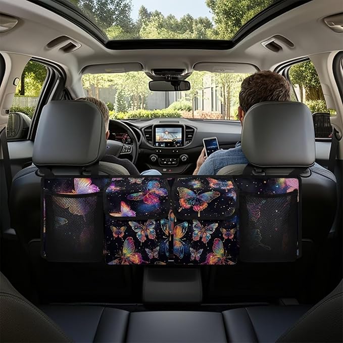 Colorful Butterfly Car Trunk Organizer with 4 Storage Bags Hanging Waterproof Car Back Seat Organizer for SUV,Truck,Van Collapsible Cargo Bag