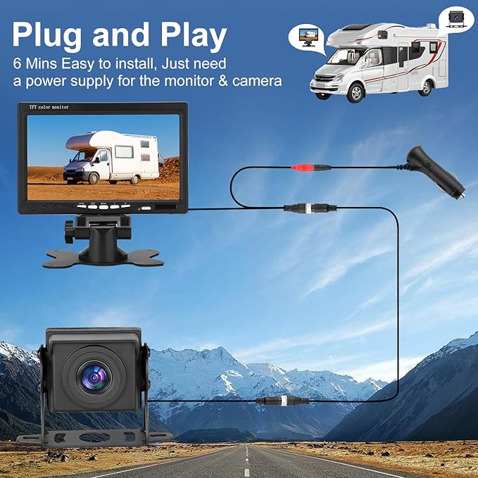 Kairiyard Truck RV Backup Camera with 7 Inch Monitor, AHD 1080P DIY Guide Lines No Delays Waterproof Wired Reverse Rear View Camera System for Car Trailer Camper
