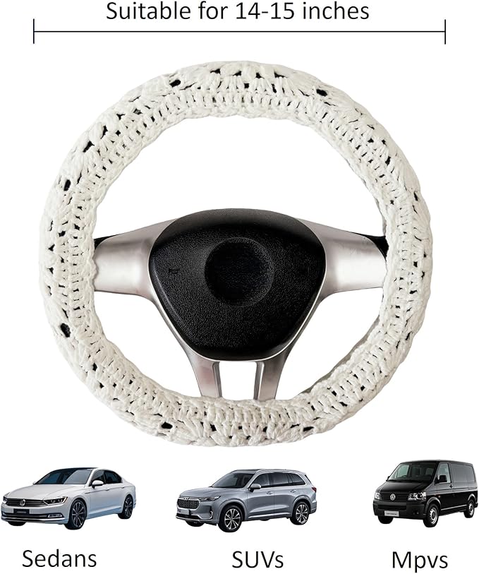 Crochet Steering Wheel Cover, Sunflower Steering Wheel Cover, 14-15 inch, Universal fit, Boho Car Accessories, for Men, Women and Girly, White (A Wheel Cover)