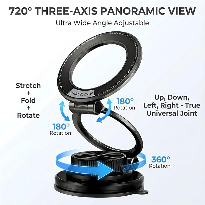 Magnetic Car Phone Mount, 0.83" Ultra-Slim Foldable Holder, [Vacuum Suction & Adhesive Pad] for Textured Dashboard/Windshield, 3-Joint Metal MagSafe Mount for iPhone 17 Pro Max/Pixel (Black)