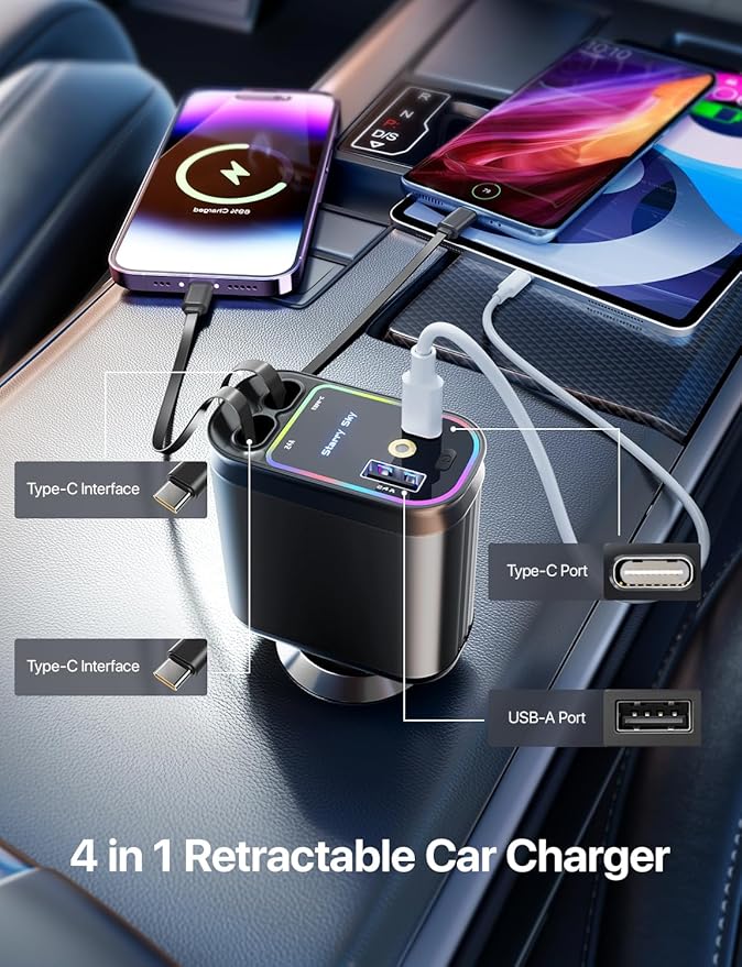 Starlight Retractable Car Charger with Dual Type C Cables, 66W Starlight in Car roof 4 in 1 Retractable Car Phone Charger Adapter, Fast Charging USB C Cable, Compatible with iPhone 17/16/15/14