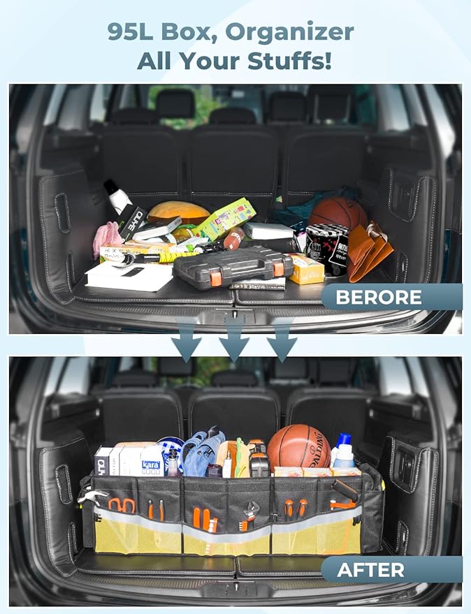 Oasser Trunk Organizer with Cooler Bag 95L, Bearing 110lb No Deformation, Collapsible with Multi Compartments, 20L Removable Insulated Bag, Foldable Lid, Non Slip Bottom, 2 Straps (Black&Yellow)