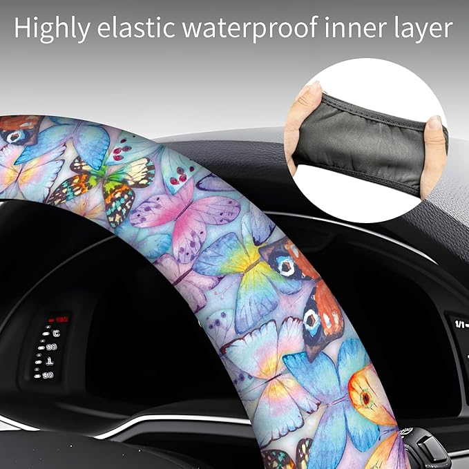 Steering Wheel Covers for Car, Truck, and SUV, Cute Non-Slip Breathable Elastic Steering Wheel, Car Accessories, Universal 15 Inch Leather Cover for Men Women Colorful Butterflies