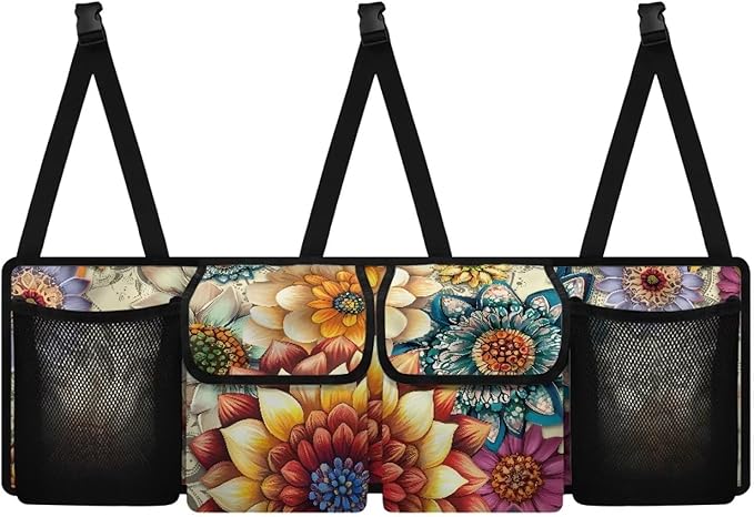 Mexican Dahlias Backseat Trunk Organizer for Car Mandala Flowers Trunk Storage Bag with Extra Storage Space for SUVs,Trucks,Vans