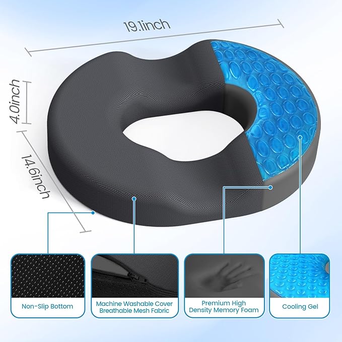 Donut Pillow Seat Cushion - Cooling Gel Outdoor Chair Cushions, Memory Foam Seat Cushion for Office & Home, Car Seat and Patio Furniture Cushions, Hemorrhoids Pillow and Tailbone Pain Relief, Grey