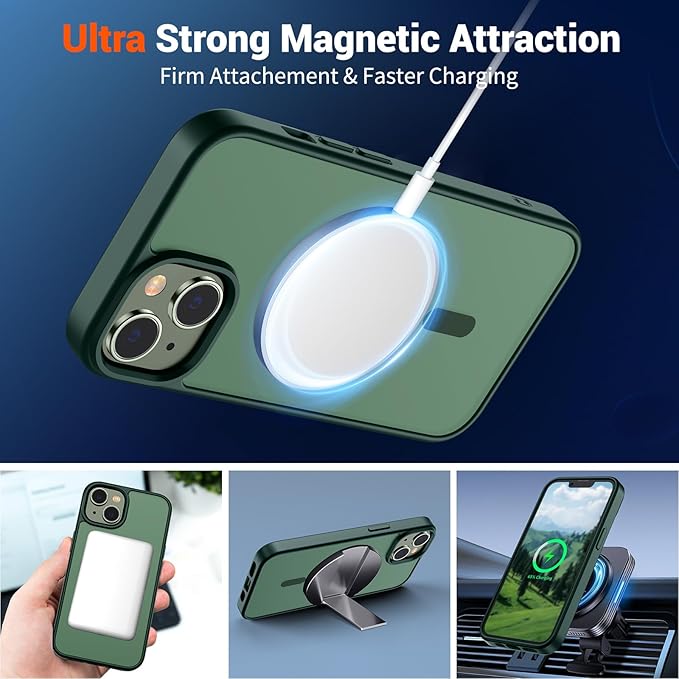SUPFINE Magnetic for iPhone 14 Case & iPhone 13 Case (Compatible with MagSafe)(Military Grade Drop Protection) Slim Translucent Matte Shockproof Phone Cover,Forest Green