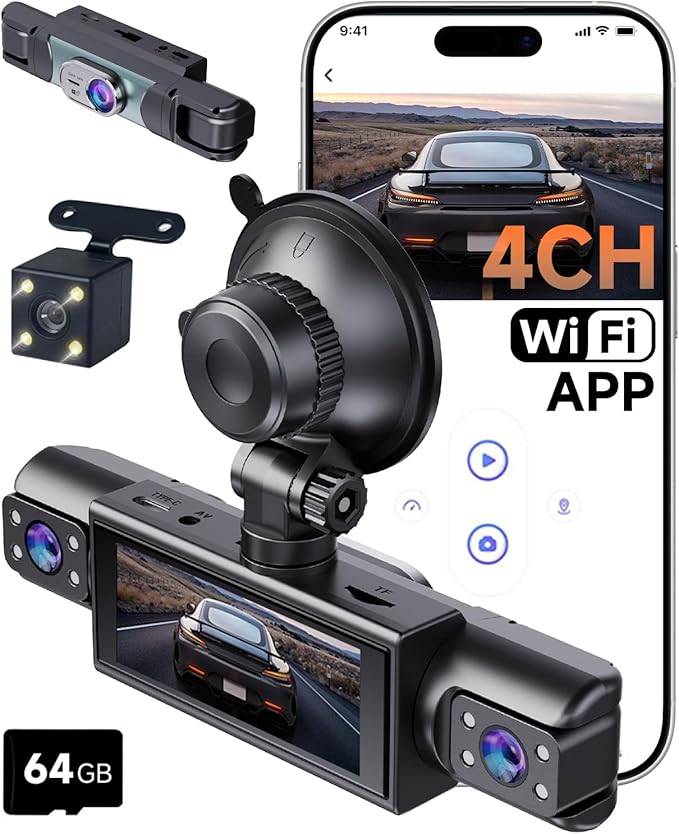 4 Channel Dash Cam 360° View, 2K Car Dash Cam Front and Back, 4-Way Front Rear Inside Recording, APP Control, 8 IR Night Vision, Parking Monitor, G-Sensor, Free 64GB TF Card