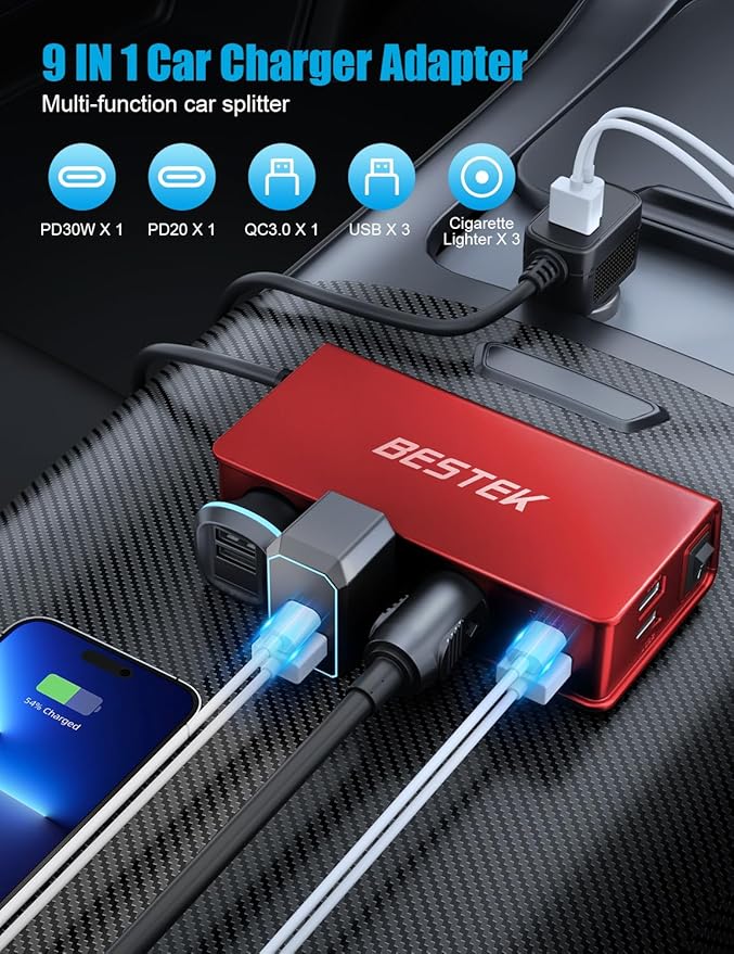 BESTEK 148W Cigarette Lighter Splitter 9 in 1 Cigarette Lighter Adapter with 3-Socket PD 30W and QC3.0 18W Charging Ports LED Display Super Fast Charger for Dash Cam, GPS, iPad/Laptop/Phone（Red）