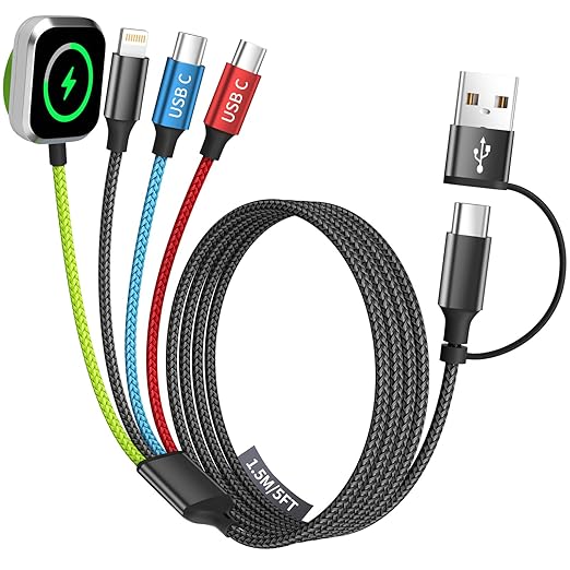 Travel Essentials Watch Charger, Dual Type-C 4 in 2 Multi Charging Cable, USB A/C Travel Charger for Multiple Devices for iWatch Ultra/SE/11-2, iPhone 17-11, Galaxy S25-21, iPad (1PACK 5FT)