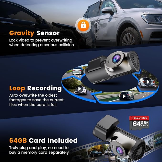 4K+1080P Dash Cam Front and Rear,64GB Card Included,5.8GHz WiFi Dash Camera for Cars,App up to 20MB/s Fastest Download,G-Sensor,Night Vision,24h Parking Monitoring,Loop Recording,170° Wide Angle