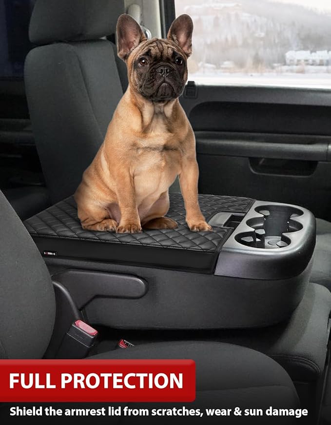 KBH Center Console Armrest Cover for 2007-2013 Chevy Silverado & Tahoe & Suburban, GMC Sierra & Yukon, Middle Console Lid Protector, PU Leather Trim, Black (Fits Jump Seat Only)