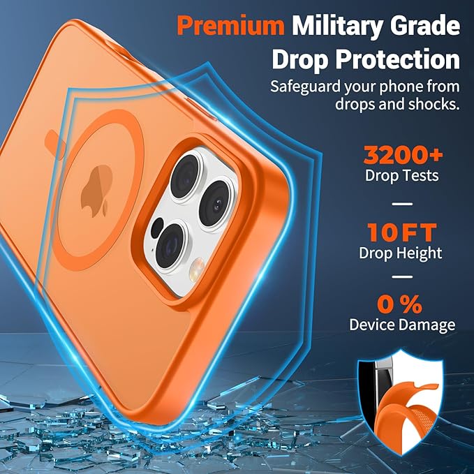 SUPFINE Magnetic for iPhone 16 Pro Case with Screen Protector (Compatible with MagSafe) (Military Grade Drop Protection) Translucent Matte Shockproof Phone Cover,Starry Orange