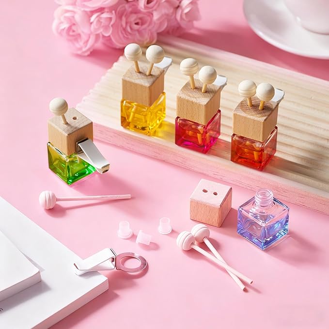 Zubebe 30 Pcs Car Diffuser Bottles Empty Bulk Vent Clip Car Air Freshener Diffuser for Essential Oil Perfume Glass Bottle with Wooden Caps Stick Fragrance Ornament (Colorful)