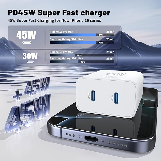 45W USB C Fast Charging for iPhone 17 Pro Max/16/15 Pro,3Pack 45W Dual Port USB C iPhone Charger Block & 6/10/10FT Long USB C Cable for iPhone 17 Pro/16 Pro Max/15 Plus/for Samsung S26 S25-Colorful