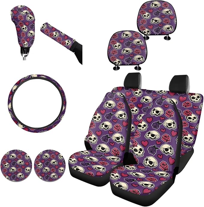FKELYI Skull Rose Car Seat Full Set - Front and Back, Handbrake and Gear Shifter Knobs, Steering Wheel Cover, Cup Coasters