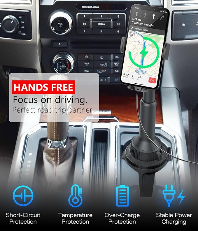 APPS2Car 15W Qi Wireless Car Charger Solid Cup Holder Mount, Adjustable Long Arm & 360° Rotation, Fits 3"–4" Round Cup Holders, Works with Cases ≤ 4 mm (No Metal Attachments)