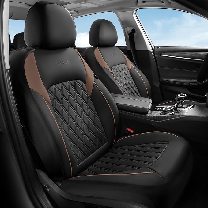 Coverado Leather Seat Covers, Front and Back Seat Covers for Cars, Waterproof Automotive Seat Covers Car Seat Protector Car Seat Cushion Universal Interior Truck Accessories Fit Most Cars Black&Coffee