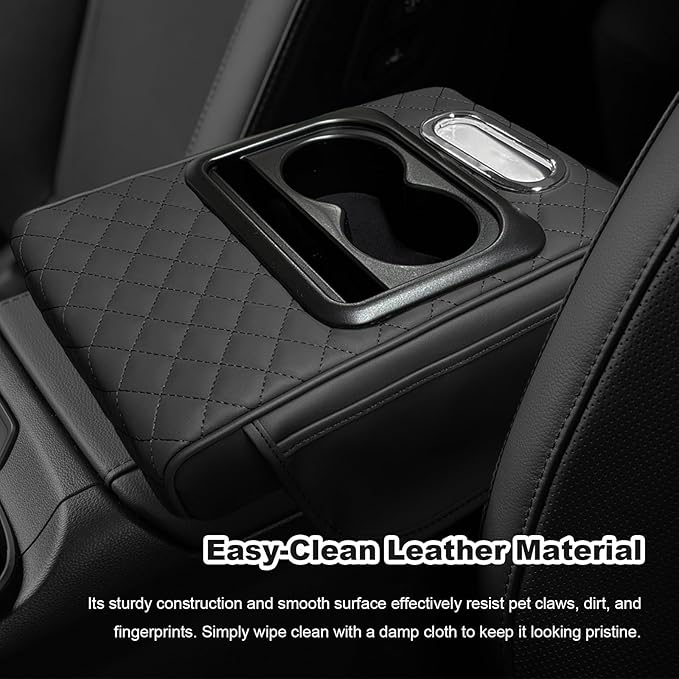 Car Center Console Armrest Pillow, Multifunctional Armrest Box Cover with Cup Phone Tissue Holder & Side Pockets, Waterproof Leather Middle Console Cushion for Most Vehicles (Black, Embroidered)