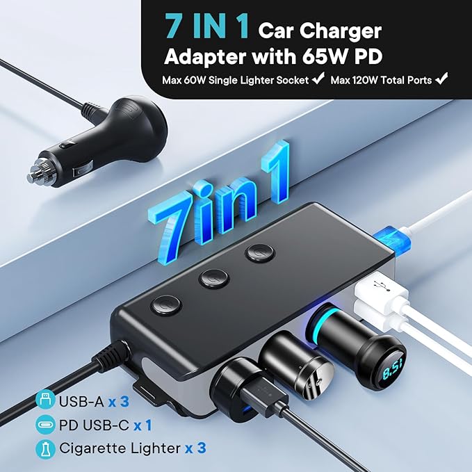 Cigarette Lighter Adapter Splitter 3 Socket with PD 65W Port 8.5A 4 Car USB Charger Multi Port 120W 24V/12V Splitter DC Outlet with Voltage Display, Car Accessories Gray