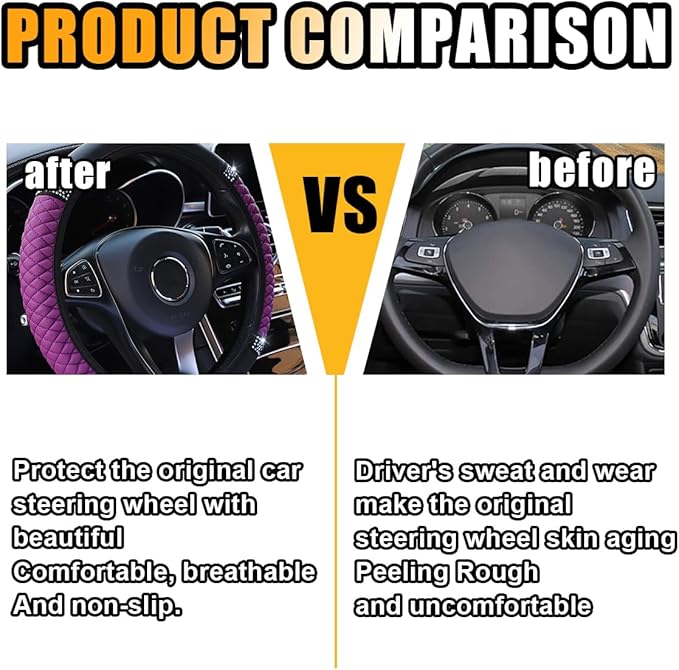 Bling Soft Leather Steering Wheel Cover, 15 Inch Colorful Rhinestones Auto Elastic Protector with Crystal Diamond for Women Girls, Car Accessories for Most Cars, SUVs (Purple)