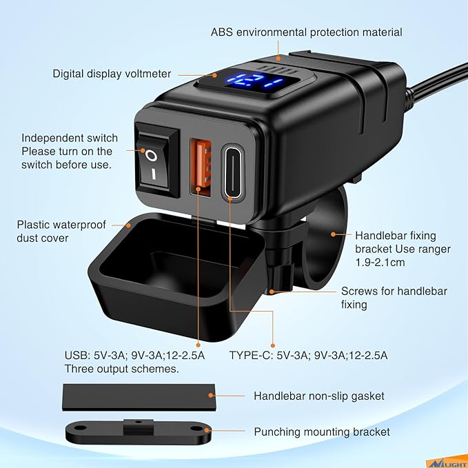 Nilight Motorcycle USB Type C Port 12V Voltmeter Independent On Off Switch SAE Inline 10A Fuse Waterproof 6.8A QC3.0 Fast Phone Tablet for 7/8inch Handlebar