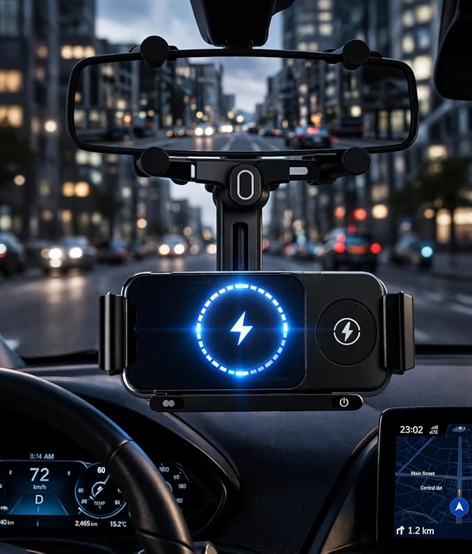 Wireless Car Charger Mount, Auto-Clamping Phone Holder with Fast Charging – Wireless Cell Phone Charging Car Mount for iPhone & Android (Rear Mirror Mount)