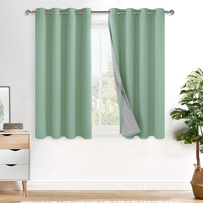 XWZO 100% Blackout Curtains 54 Inches Long with Tiebacks- Soundproof & Energy Efficiency Window Draperies Grommet Top with Black Liner for Bedroom/Living Room, Light Sage, W52 x L54, Set of 2