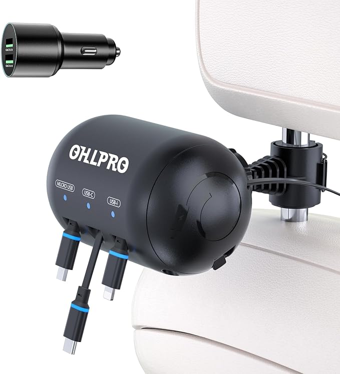 OHLPRO 3-in-1 Retractable Backseat Car Charging Station, 15W Fast Car Charger for All Phones (iPhone, Samsung), Ideal for Lyft, Turo, Uber, Taxi, Rideshare, Customer Charging Dock Attach to Headrest