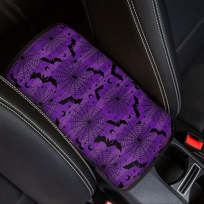 Dreaweet Center Console Cover Purple Arm Rest Cover Pad Halloween Car Accessories Decor Universal Anti-Scratch Car Armrest Storage Box Mat Easy to Install,Spider Web Bat